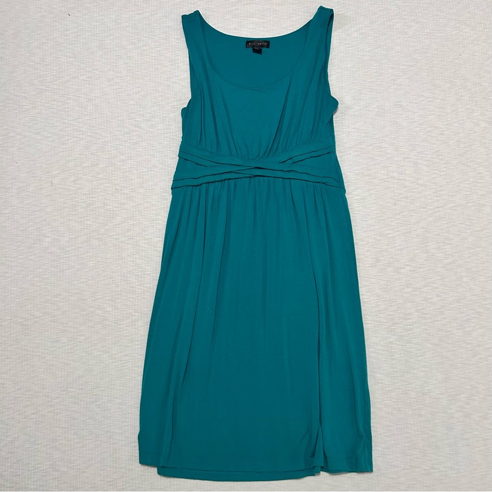 Willi Smith Fit Flare Dress S Small Teal Stretch Rayon Knee Length